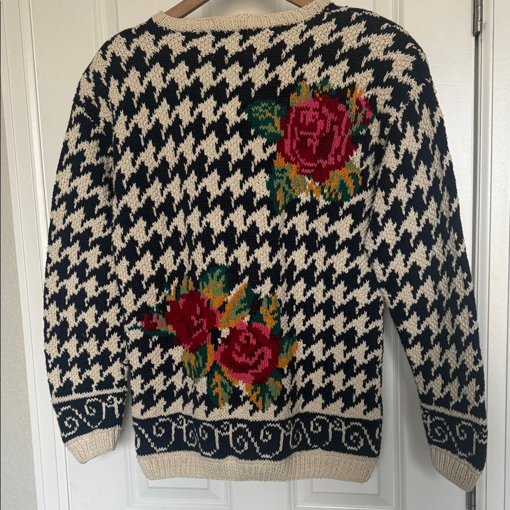 Cape Isle Knittners Handmade Navy and Cream Sweater with Pink Floral Accents - Picture 3 of 3